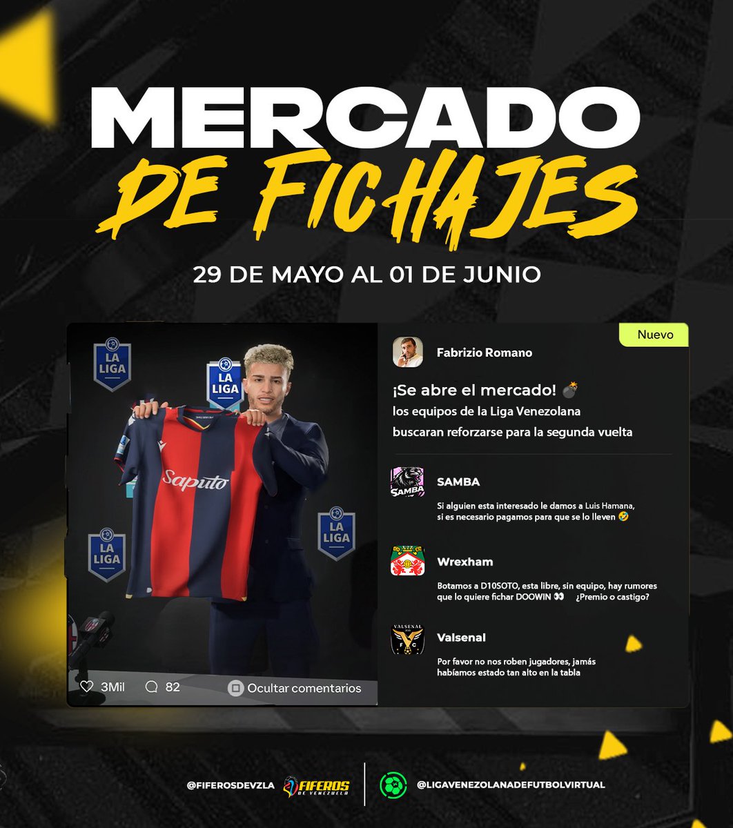 Fiferos de Venezuela (@fiferosdevzla) on Twitter photo #NotiFDV "MERCADO DE PASES" 🛒⚽️ Hasta el domingo 01 de junio se encuentra abierto el mercado de #LALIGAVPNV <a href="/LVFVirtual/">Liga Virtual de Fútbol Venezolano</a>
<a href="/VPNGlobal/">Virtual Pro Network</a> #EAFC25
💻 Más información en fiferosdevenezuela.com/2025/05/la-lig… #NotiFDV "MERCADO DE PASES" 🛒⚽️ Hasta el domingo 01 de junio se encuentra abierto el mercado de #LALIGAVPNV <a href="/LVFVirtual/">Liga Virtual de Fútbol Venezolano</a>
<a href="/VPNGlobal/">Virtual Pro Network</a> #EAFC25
💻 Más información en fiferosdevenezuela.com/2025/05/la-lig…