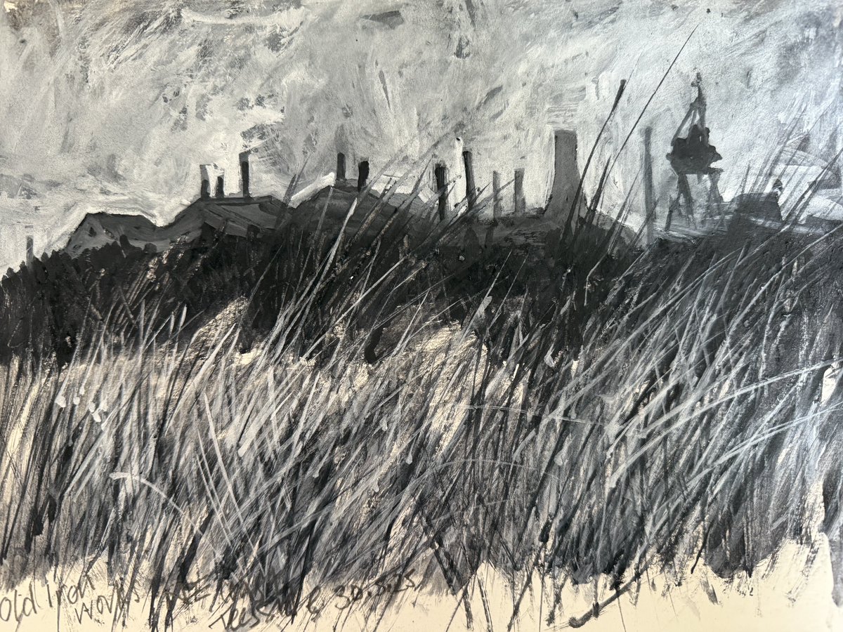 staithesartist's tweet photo. Old #ironworks and #marramgrass #liquidcharcoal #casein #white #Pith #sketchbook #industrial #landscape and #nature https://t.co/pEPsueXuM2