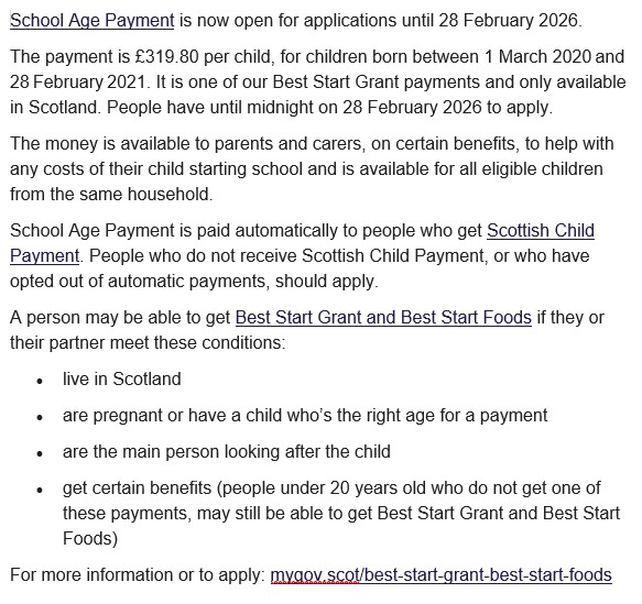 School Age Payment is now open for applications until 28 February 2026
Money is available to parents &amp; carers, on certain benefits, to help with any costs of their child starting school &amp; is available for all eligible children from the same household
For more info see below⬇️