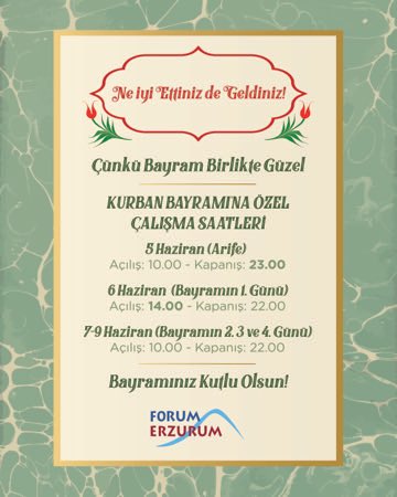 Kurban Bayramı’nda da sevdiklerinizle dolu dolu vakit geçirmeniz için çalışma saatlerimizi yeniden düzenledik. 🕰️
