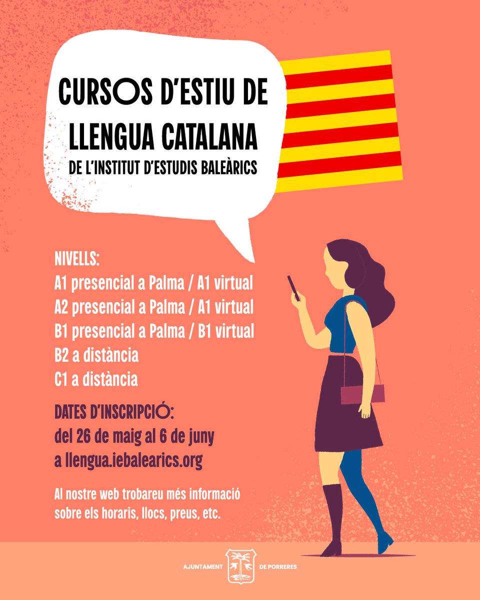 📚 Aquest estiu, posa't al dia amb el català!
Inscripcions obertes als cursos d'estiu de llengua catalana de l'IEB: presencials i a distància, de l’A1 al C1.

🗓 Fins dia 6 de juny a: llengua.iebalearics.org

#CursosCatala #LlenguaCatalana #Estiu2025 #AjuntamentDePorreres