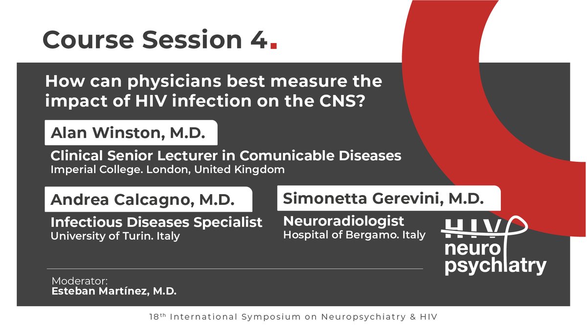 🧬 Measuring HIV's impact on the CNS in Session 4 now! With Winston, Calcagno &amp; Gerevini. Moderated by Esteban Martínez.

<a href="/iasociety/">IAS - the International AIDS Society</a> <a href="/GrupoAF_VIH_SEF/">GrupoAF_VIH_SEFH</a> @FLSscience <a href="/EACSociety/">EACS</a> @aidsactioneurop <a href="/IAPAC/">IAPAC</a> <a href="/Esteban09090/">Esteban Martinez 🇺🇦</a> <a href="/DrJordiBlanch/">Dr. Jordi Blanch</a> 

#NeuroHIV25 #HIV