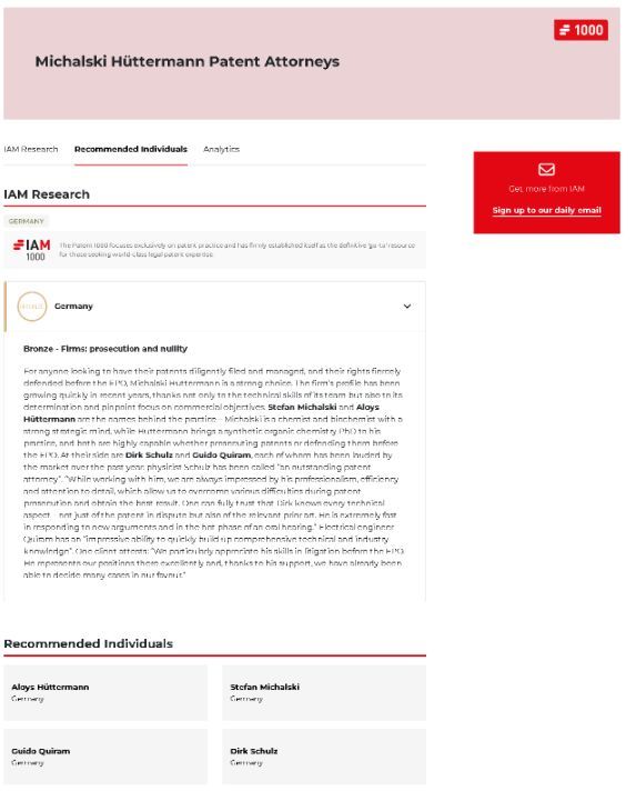 MHPatent's tweet photo. We are delighted to announce that our partners Prof. Dr. Aloys Hüttermann, Guido Quiram, Dr. Stefan Michalski, and Dr. Dirk Schulz have been named as being among the top 1000 patent professionals worldwide in the latest IAM Patent 1000 2025 ranking!

https://t.co/k8NhLt1qwa https://t.co/OpyhdKuFDB