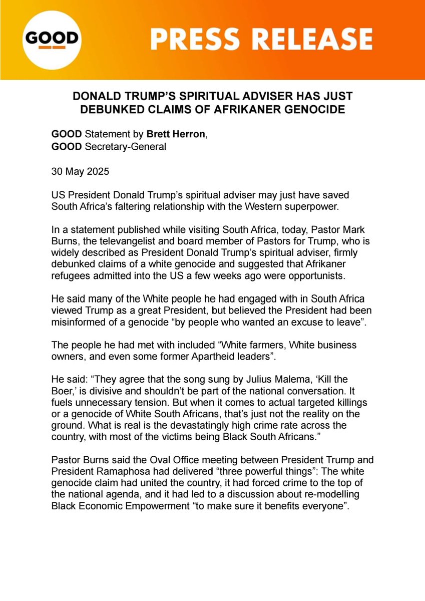 ForGoodZA's tweet photo. DONALD TRUMP’S SPIRITUAL ADVISER HAS JUST DEBUNKED CLAIMS OF AFRIKANER GENOCIDE

US President Donald Trump’s spiritual adviser may just have saved South Africa’s faltering relationship with the Western superpower. 

In a statement published while visiting South Africa, today, Pastor Mark Burns, the televangelist and board member of Pastors for Trump, who is widely described as President Donald Trump’s spiritual adviser, firmly debunked claims of a white genocide and suggested that Afrikaner refugees admitted into the US a few weeks ago were opportunists.

Read more ➡️https://t.co/MissaZ7uK6

#GOODParty #USSouthAfricaRelations #WhiteGenocideMyth @brettherron