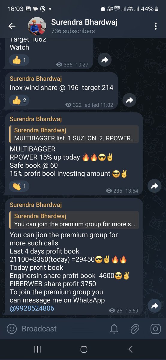 Surendraanalyst's tweet photo. You can jion the #premium group for more such calls
Last 4 days profit book 21100+8350(today) =29450😎✌️🔥🔥
Today profit book
#Enginersin share profit book 4600😎✌️
#FIBERWEB share profit 3750
To join the premium group you can message me on WhatsApp @9928524806
#Nifty #banknifty #sensex #stock
Jion Free telegram link
https://t.co/KQA14eJsem