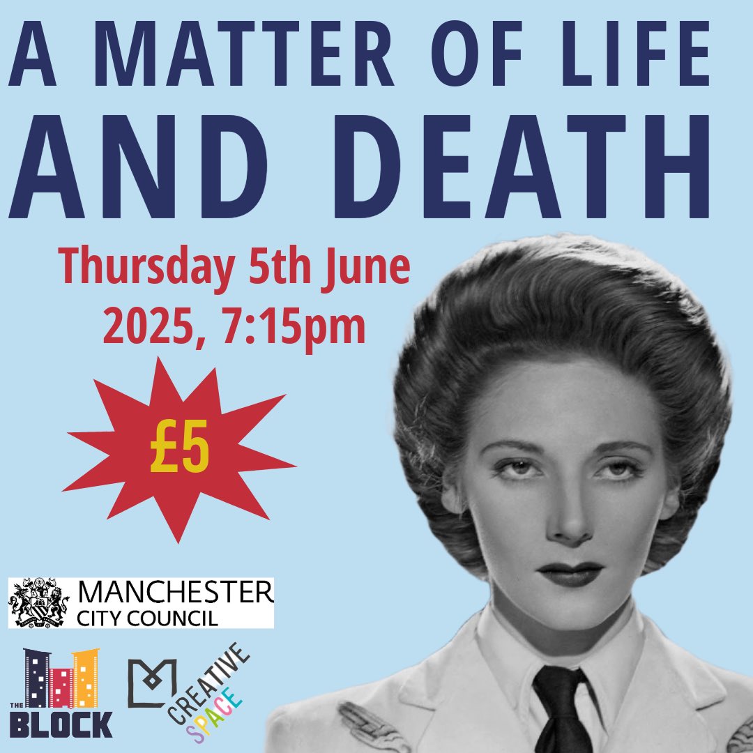 Our next screening is A Matter of Life and Death. Peter jumps out of his damaged plane without a parachute and instead of dying, lands on a beach. He must appeal his case for the right to live in front of a celestial jury 🎬

Tickets can be purchased online or on the door 🎟️