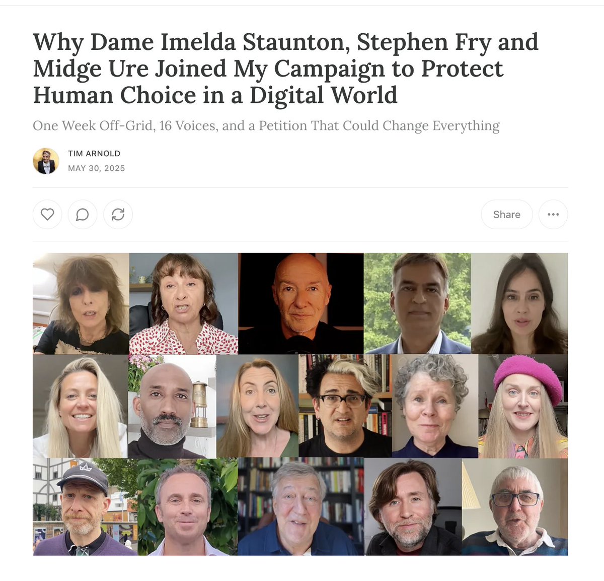 New Blog: 'Why Dame Imelda Staunton, Stephen Fry and Midge Ure Joined My Campaign to Protect Human Choice in a Digital World'

timarnold.substack.com/p/why-dame-ime…

#ImeldaStaunton #StephenFry #MidgeUre #SuperConnected