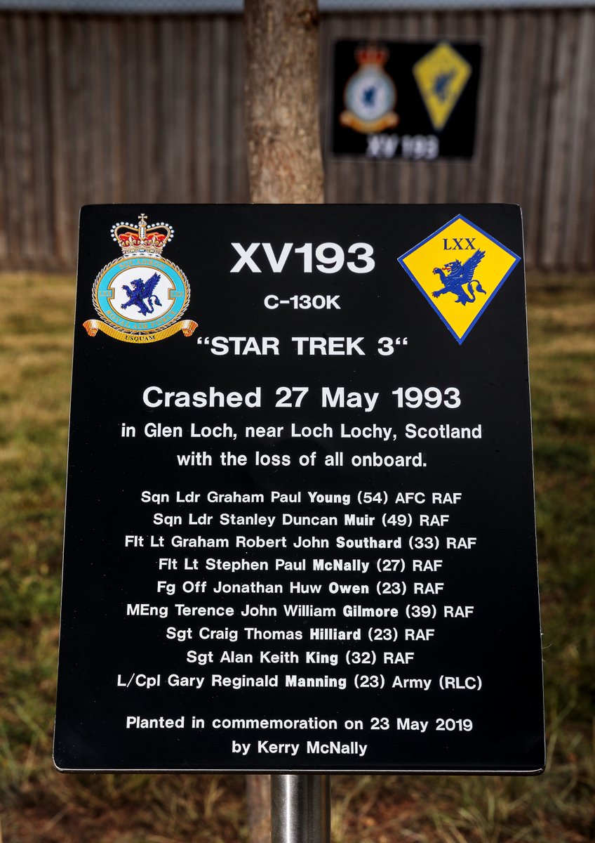 RAFBrizeNorton's tweet photo. 27 May 25, marked 32 yrs since the fatal crash of @RoyalAirForce LXX Sqn C-130K Hercules XV193, call sign 'STARTREK3', whilst engaged in formation and low-level nav training over Scotland. All 9 crew lost their lives. 

#XV193 #StarTrek3 #wewillrememberthem #Remembrance https://t.co/tEsD4zSgKw