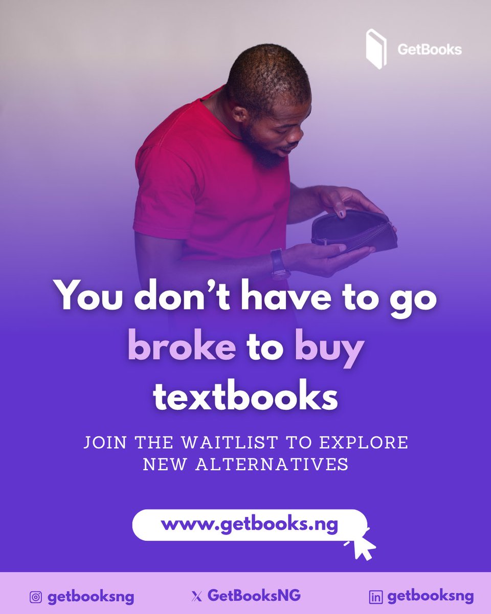 Being a student is expensive.
School fees, food, toiletries….. the list never seems to end 

Save money on textbooks with GetBooks 
Discover a less expensive way to purchase your textbooks and more 

👉Join the waitlist now on getbooks.ng