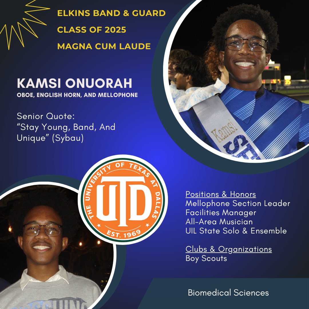 Congratulations to EHS Band Senior &amp; Mellophone Section Leader, Kamsi Onuorah! 💙💛