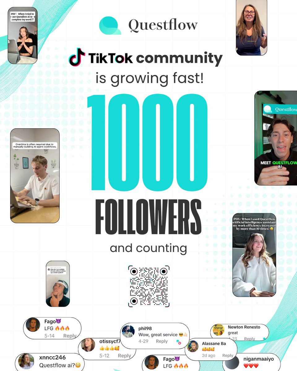 Questflow (@questflow) on Twitter photo Our TikTok community is nothing short of amazing! 🎉 
Hitting 1,000 followers is just the beginning. Every like, comment, and share fuels our mission to make AI automation easy and fun for everyone. 
Thank you for being part of this journey with Questflow AI. 
Let’s keep Our TikTok community is nothing short of amazing! 🎉 
Hitting 1,000 followers is just the beginning. Every like, comment, and share fuels our mission to make AI automation easy and fun for everyone. 
Thank you for being part of this journey with Questflow AI. 
Let’s keep