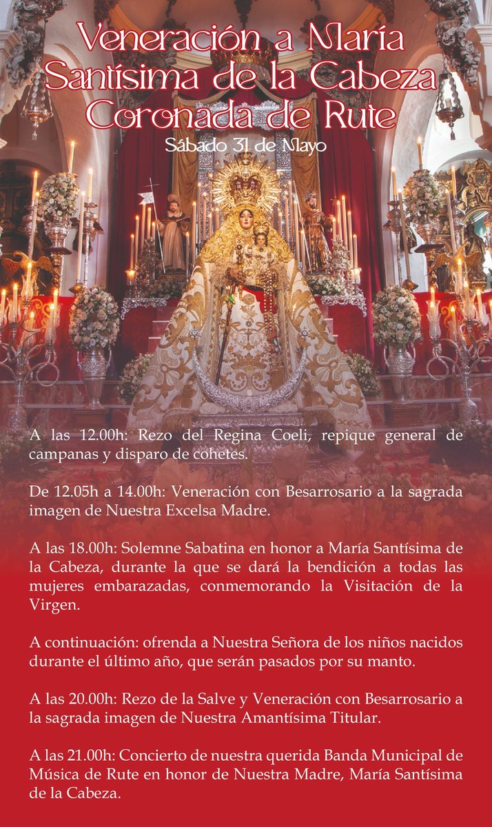 FIESTAS 2025 || Veneración a María Santísima de la Cabeza Coronada de Rute. 

Mañana, 31 de mayo, día en que celebramos la Visitación de la Virgen María a su prima Isabel, tendrá lugar la Veneración a María Stma. de la Cabeza, con los siguientes actos
¡VIVA LA VIRGEN DEL PUEBLO!