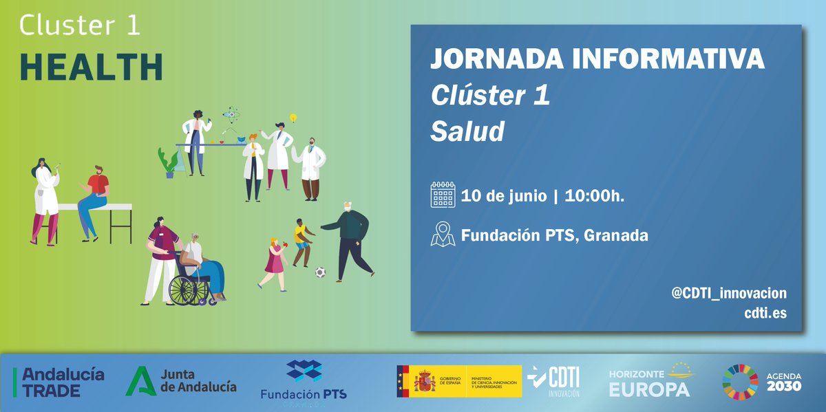 @CDTI_innovacion (@cdti_innovacion) on Twitter photo 📢El CDTI Innovación participa en la jornada informativa de #HorizonteEuropa para informar sobre las oportunidades de #financiación en las próximas convocatorias en el #Clúster1 #Salud🧪
🤝Organiza <a href="/trade_andalucia/">Andalucía TRADE</a>
🗓️10 de JUNIO
📍 <a href="/FundacionPTS/">Fundación PTS (Parque Tecnológico de la Salud)</a>
+info y registro ➡️ 📢El CDTI Innovación participa en la jornada informativa de #HorizonteEuropa para informar sobre las oportunidades de #financiación en las próximas convocatorias en el #Clúster1 #Salud🧪
🤝Organiza <a href="/trade_andalucia/">Andalucía TRADE</a>
🗓️10 de JUNIO
📍 <a href="/FundacionPTS/">Fundación PTS (Parque Tecnológico de la Salud)</a>
+info y registro ➡️