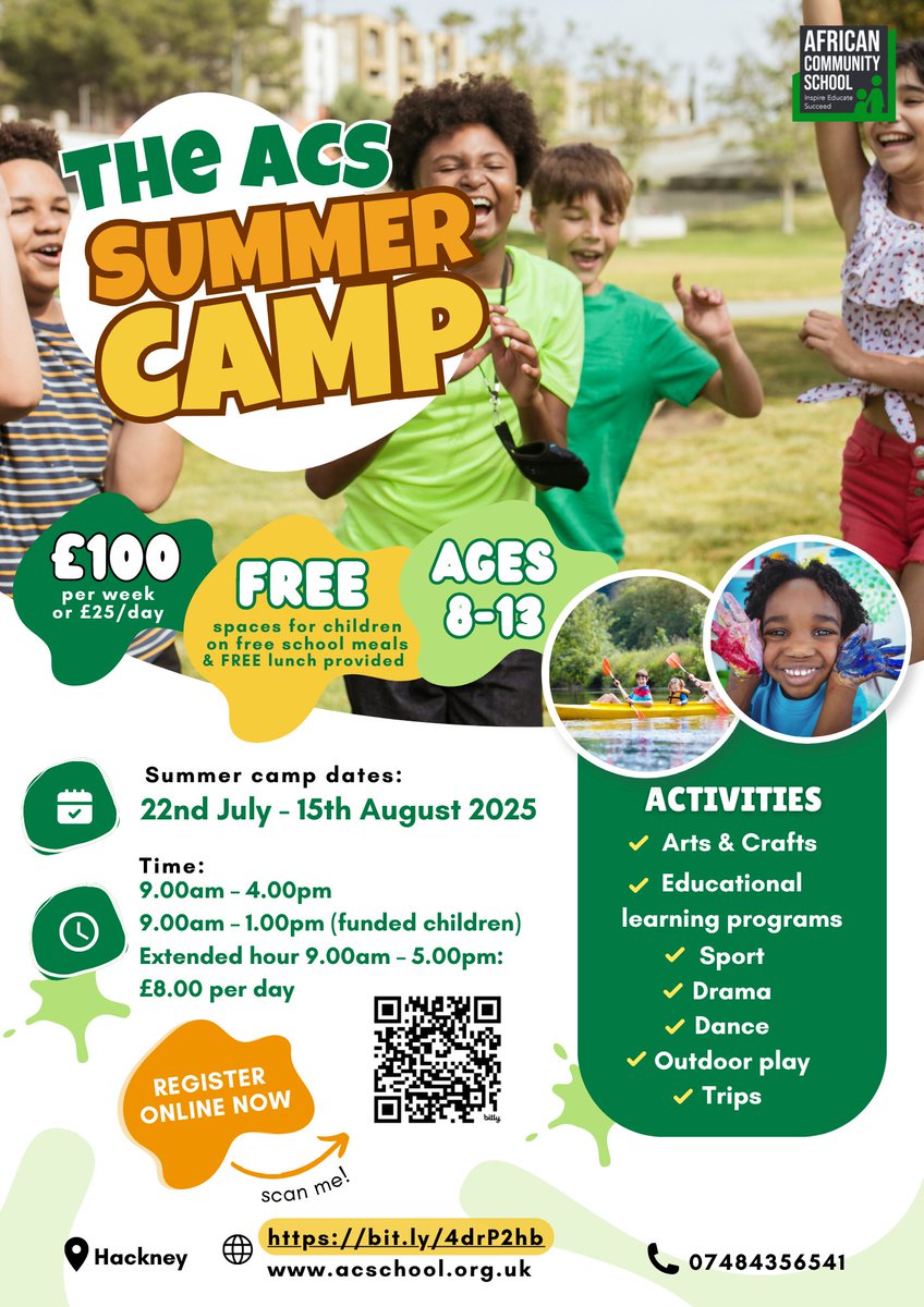 ☀️ACS Summer Camp 2025 is back! 📣
Free spaces &amp; lunch for kids on FSM.
Register now: bit.ly/4drP2hb 
📞 07484 356541