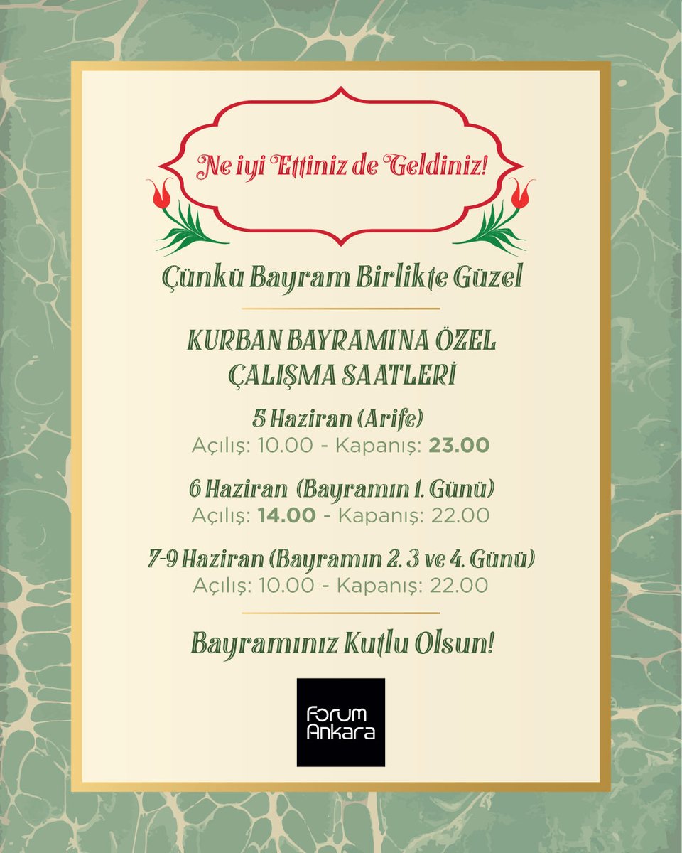 Kurban Bayramı’nda da sevdiklerinizle dolu dolu vakit geçirmeniz için çalışma saatlerimizi yeniden düzenledik.🕰️