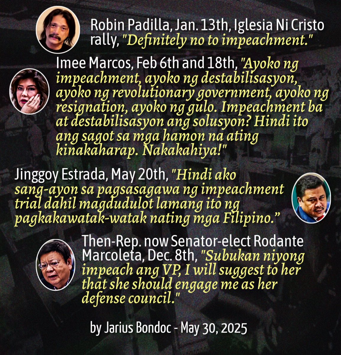 Twice, Dec. 3rd &amp; May 15th, Senate President Chiz Escudero has restrained members from commenting. Impeachment is a political decision of judicial issues. As with court magistrates, opinionating is forbidden. VIOLATORS FACE RECUSAL.

Yet four other pro-Sara senators have opined: