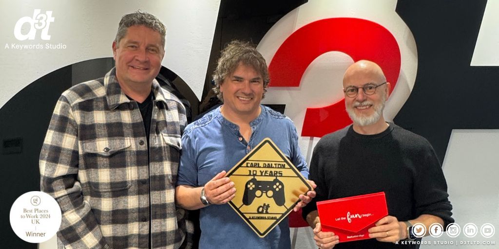 Congratulations to our Executive Producer, Carl Dalton, who has reached the fantastic milestone of being at d3t for ten years!

To mark this occasion, we caught up with Carl to talk about his time at d3t.

Take a look 👉 buff.ly/KdYacve

#GoTeam #KeywordsStudios