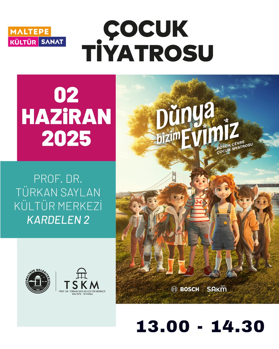 🌍 Maltepe Sürdürülebilir Yaşam Şenliği sahnemizde: “Dünya Bizim Evimiz”

🎭Bosch Çevre Çocuk Tiyatrosu’nun sahnelediği, doğayla dost, eğlenceli ve öğretici bir tiyatro oyunu olan “Dünya Bizim Evimiz”, çevre bilincini çocuklara masalsı bir dille anlatıyor.

🎟 Ücretsizdir, tüm