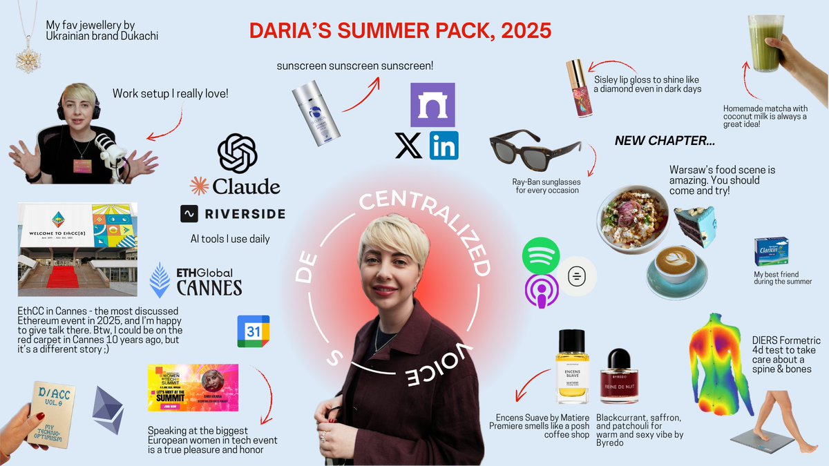 Daria Strategy ๐บ๐ฆ (@dariastrategy) on Twitter photo โ๏ธ Summer is almost here, which means itโs time to share a new batch of things that will make my summer 2025 more meaningful, exciting, and comfortable.
Just like last year, Iโll be at <a href="/EthCC/">EthCC - Ethereum Community Conference</a>, but this time as a speaker, hacker, and with access to the press room to record โ๏ธ Summer is almost here, which means itโs time to share a new batch of things that will make my summer 2025 more meaningful, exciting, and comfortable.
Just like last year, Iโll be at <a href="/EthCC/">EthCC - Ethereum Community Conference</a>, but this time as a speaker, hacker, and with access to the press room to record