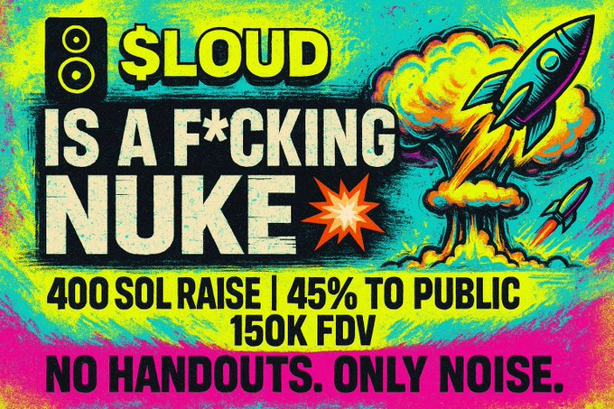 $LOUD about to drop like a nuke on CT.  Here’s the setup:
▹ 45% supply to public sale
▹ 45% to LP
▹ 10% to incentives/MMs
All at a $150K FDV. That’s not early. That’s prehistoric.  
Only 400 SOL total raise.
Microscopic.
Your 0.05–0.2 SOL = potential 10–100x if you get in.