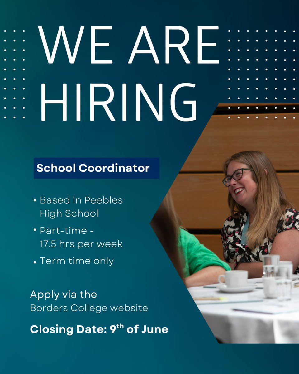 We're Hiring: DYW School Coordinator (Secondary) – Peebles High School. 

Find out more here: borderscollege.ac.uk/jobs
