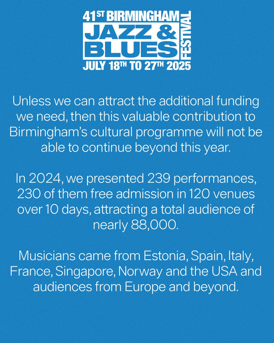 BirmJazzFest's tweet photo. The 41st Birmingham Jazz &amp; Blues Festival (18th - 27th July) will deliver an event of that the city and our audiences will be proud of, but  unless we can attract the additional funding we need, we will not be able to continue beyond this year.
https://t.co/hJP2nVEs9d https://t.co/eBVqc0DV8a