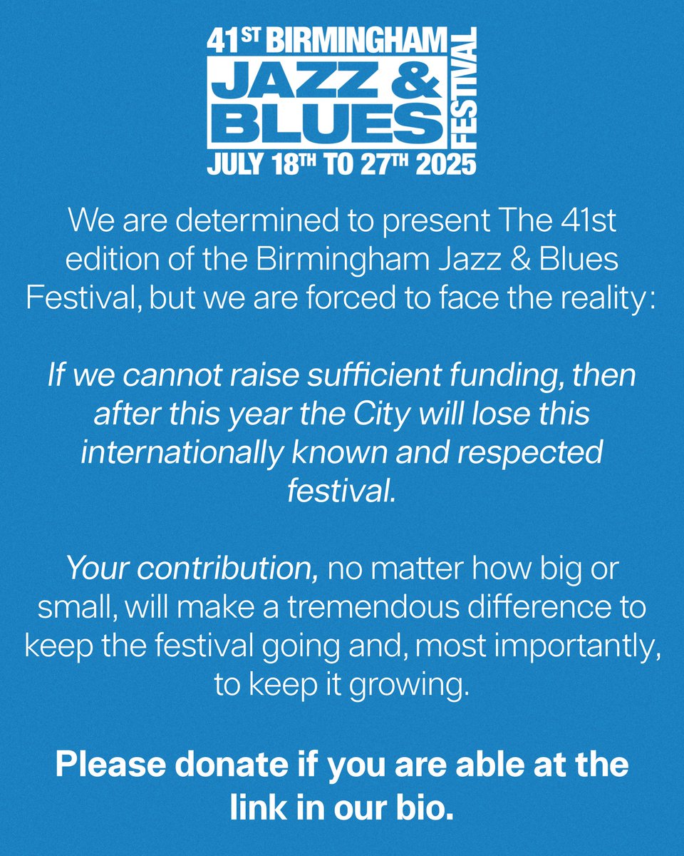 The 41st Birmingham Jazz &amp; Blues Festival (18th - 27th July) will deliver an event of that the city and our audiences will be proud of, but  unless we can attract the additional funding we need, we will not be able to continue beyond this year.
gofund.me/f6538b45
