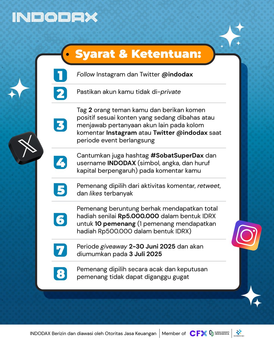 Yuk jadi #SobatSuperDax dengan memberikan komentar positif sesuai konten atau bantu jawab pertanyaan member lain di Instagram <a href="/indodax/">indodax</a> atau Twitter <a href="/indodax/">indodax</a>

Menangkan total hadiah Rp5 juta dalam bentuk IDRX untuk 10 pemenang

Syarat &amp; Ketentuannya lihat di slide 2 ya! 

Sudah