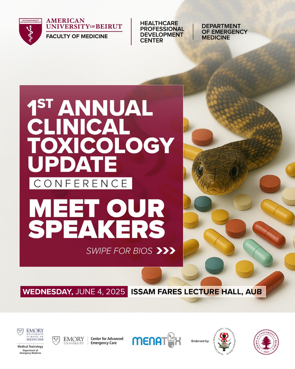 HPDC_AUB's tweet image. Speaker Spotlight!
We're pleased to feature distinguished speakers leading the First Annual Toxicology Conference - who bring extensive clinical and academic expertise to our program.
aub.edu.lb/fm/CME/Pages/O…
@EvelineHitti @TharwatElZ @Eliehar @ZiadKazzi @EmoryUniversity @MENATOX