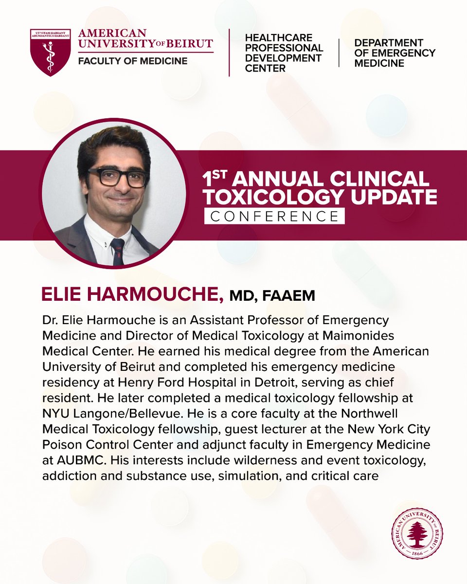 HPDC_AUB's tweet image. Speaker Spotlight!
We're pleased to feature distinguished speakers leading the First Annual Toxicology Conference - who bring extensive clinical and academic expertise to our program.
aub.edu.lb/fm/CME/Pages/O…
@EvelineHitti @TharwatElZ @Eliehar @ZiadKazzi @EmoryUniversity @MENATOX