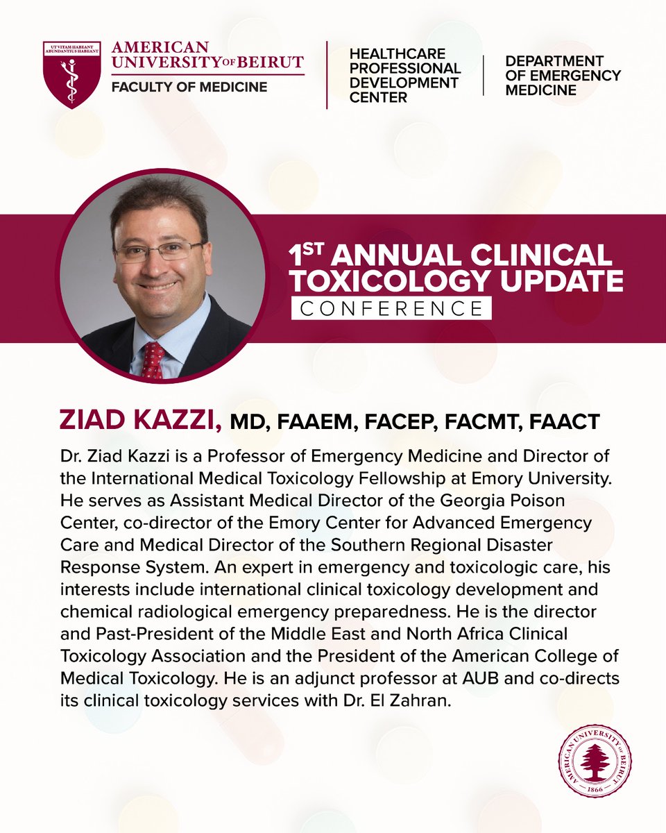 HPDC_AUB's tweet image. Speaker Spotlight!
We're pleased to feature distinguished speakers leading the First Annual Toxicology Conference - who bring extensive clinical and academic expertise to our program.
aub.edu.lb/fm/CME/Pages/O…
@EvelineHitti @TharwatElZ @Eliehar @ZiadKazzi @EmoryUniversity @MENATOX