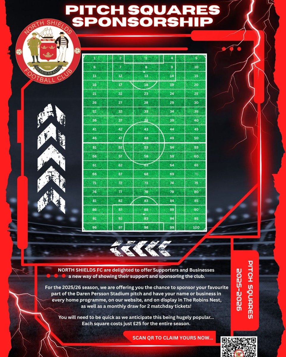 🟥 Support North Shields FC in a brand-new way! 🟥

North Shields FC are delighted to launch an exciting new initiative, giving supporters, individuals, and businesses the chance to sponsor a piece of the pitch!

buff.ly/0gBrGcm

#StrongerTogether #HowayTheRobins
