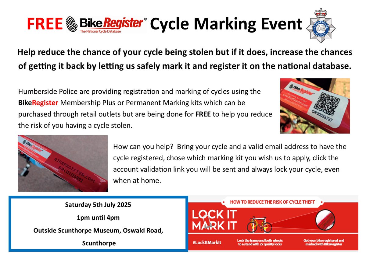 #TOWN The Town Ward  Scunthorpe Neighbourhood team are hosting a free cycle marking event. 
WHERE: Outside the front of Scunthorpe Museum, Oswald Road, Scunthorpe. 
WHEN: Saturday 5th July 2025 from 1pm - 4pm.
#bikeregister #scunthorpe #crimeprevention