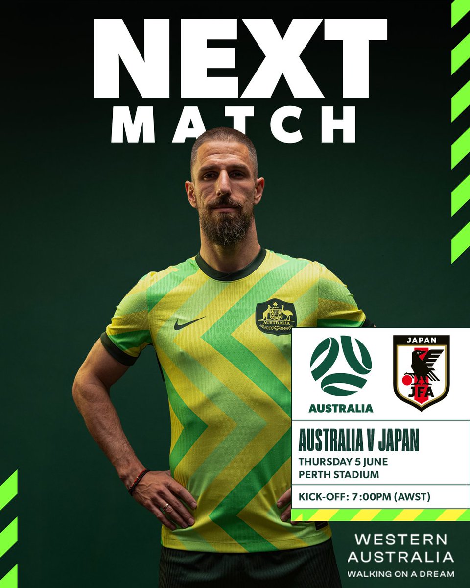 Can't wait for Thursday night! 🙌

🇦🇺 v 🇯🇵 - 5.6.25, 9:00pm AEST
🎟️: bit.ly/AUSvJPN-Tickets
📱💻📺: Live on 10, 10 Play, Paramount+
📻: ABC Radio via the ABC Listen App

#Socceroos #WAtheDreamState <a href="/WestAustralia/">Western Australia</a>