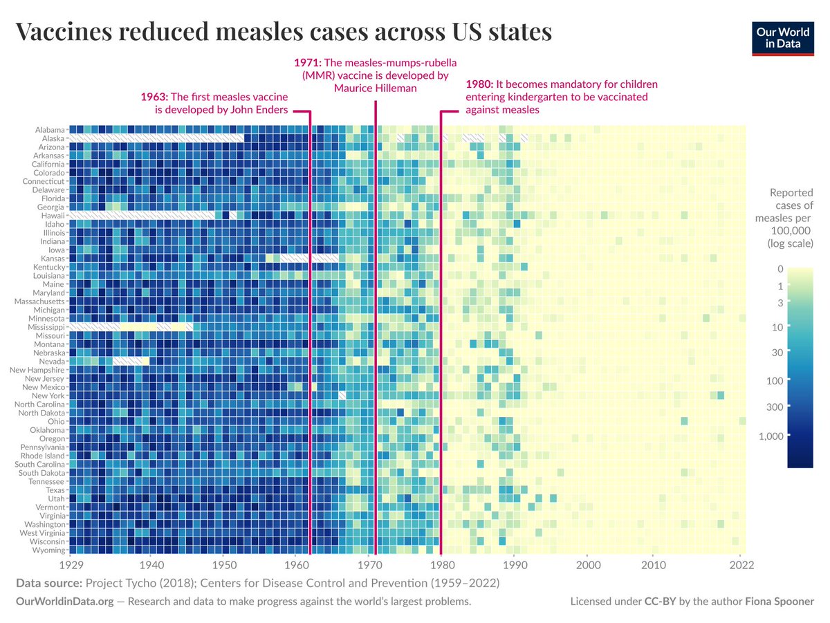 Measles vaccines save millions of lives each year—

Measles used to be an extremely common disease. Just sixty years ago, over 90% of children would have been infected by it, and of those who developed symptoms, around a quarter would be hospitalized.

The United States alone had