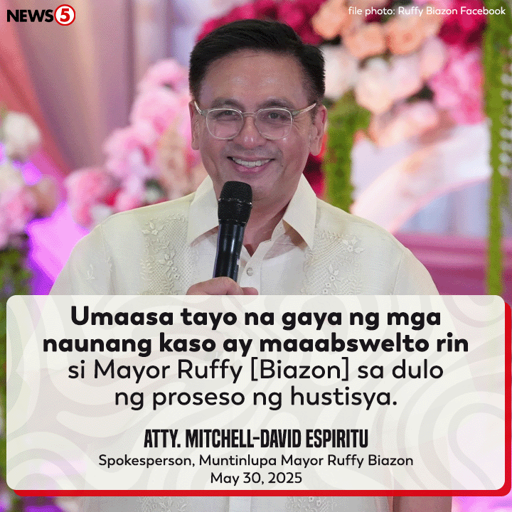 News5PH's tweet photo. ‘SANA MAABSWELTO RIN’

Umaasa ang kampo ni Muntinlupa Mayor Ruffy Biazon na mapapawalang-sala siya sa kasong graft kaugnay ng Priority Development Assistance Fund #PDAF noong 2007 matapos hatulang guilty ng Sandiganbayan.

Sinabi ni Atty. Mitchell-David Espiritu, ang spokesperson ni Biazon, sa isang pahayag ngayong Biyernes, May 30, na maghahain sila ng motion for reconsideration para hilingin sa korte na muling pag-aralan ang desisyon.

Nag-ugat ang kaso ni Biazon nang iendorso niya ang non-government organization #NGO na Philippine Social Development Foundation, Inc., na nadiskubre ng korte na kontrolado ni Janet Lim-Napoles, ang itinuturong utak sa PDAF scam.

Hinatulan din si Napoles at apat na iba pang dating opisyal ng gobyerno na guilty sa parehas na kaso. #News5 | via Gio Robles