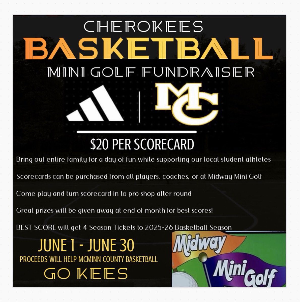 Support McMinn County Basketball for the entire month of June and bring your family and friends 

$20 (good for 1 person)

Thank you to Midway Mini Golf for supporting our student athletes!!

After you play head over for some good food at Midway Milkshake
#keesbasketball