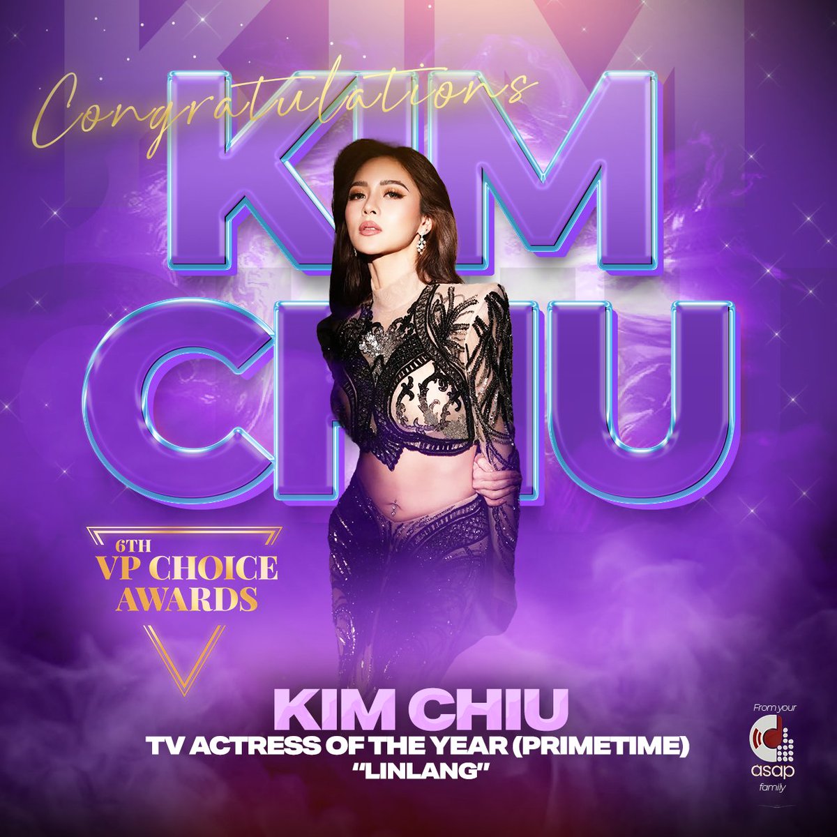 ASAPOfficial's tweet image. Congratulations to Kim Chiu for being named TV Actress of the Year (Primetime) at the 6th VP Choice Awards! 🎉
Your ASAP family is proud of you! 💜