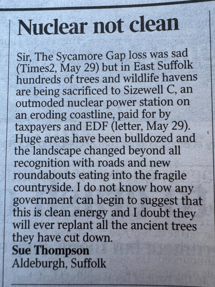 "trees &amp; wildlife havens are being sacrificed to #SizewellC an outmoded #nuclear station on an eroding coast. Huge areas have been bulldozed and the landscape changed beyond recognition. I do not know how any government can suggest this is clean energy"
thetimes.com/comment/letter…