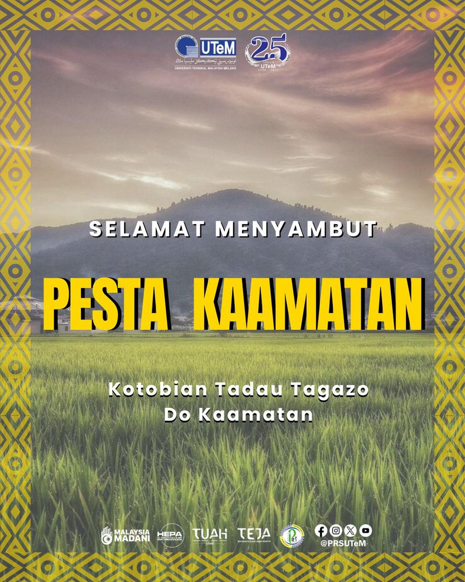 Prs_Utem's tweet photo. JUMAAT | 30/5/2025

Assalamualaikum WBT,
Salam Sejahtera,
TUAH | Tangkas Unggul Adaptif Holistik
TEJA | Tangkas Elegan Jagat Adaptif

[ SELAMAT MENYAMBUT PESTA KAAMATAN] https://t.co/zeqbBdcQc1