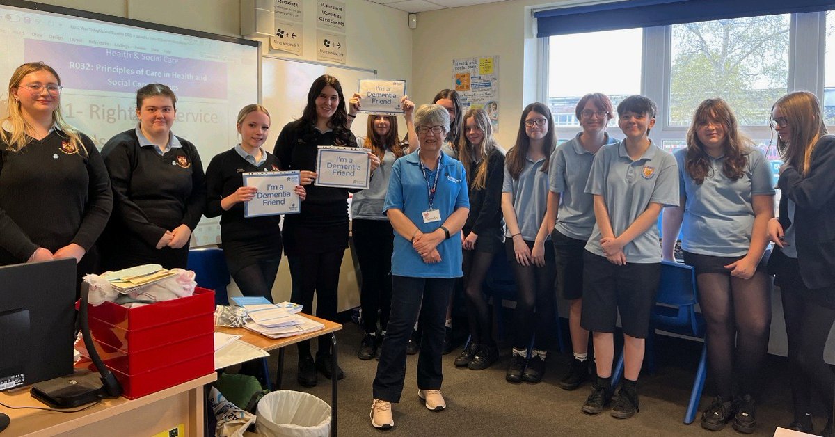 Dementia Friends Ambassador Sandra recently delivered sessions to Sixth formers studying Health and Social Care subjects! 

Sandra told us : "For a lot of the students their actions were to keep in touch or visit someone with dementia, and all were proud of their badges."👏