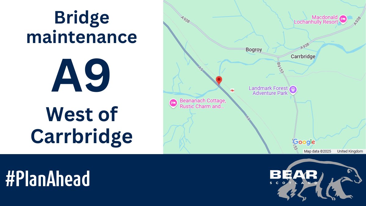 BEAR NW Trunk Roads (@nwtrunkroads) on Twitter photo Reminder: Bridge maintenance works on the #A9 west of Carrbridge will take place on Saturday 31 May and Monday 2 June.
🚦Two-way traffic lights.
Full details: bit.ly/4k71tRQ
<a href="/trafficscotland/">Traffic Scotland</a> Reminder: Bridge maintenance works on the #A9 west of Carrbridge will take place on Saturday 31 May and Monday 2 June.
🚦Two-way traffic lights.
Full details: bit.ly/4k71tRQ
<a href="/trafficscotland/">Traffic Scotland</a>
