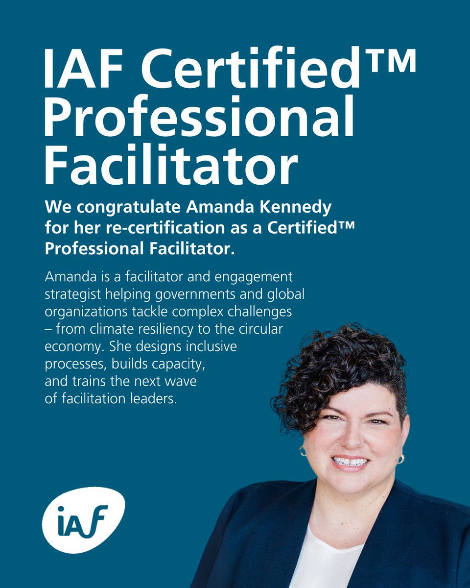 IAF (@iafacilitators) on Twitter photo We congratulate Amanda Kennedy for her recertification as a Certified⢠Professional Facilitator.
For more information on becoming IAF Certified or to submit your application, we invite you to contact the Certification Office at certification@iaf-world.org We congratulate Amanda Kennedy for her recertification as a Certified⢠Professional Facilitator.
For more information on becoming IAF Certified or to submit your application, we invite you to contact the Certification Office at certification@iaf-world.org