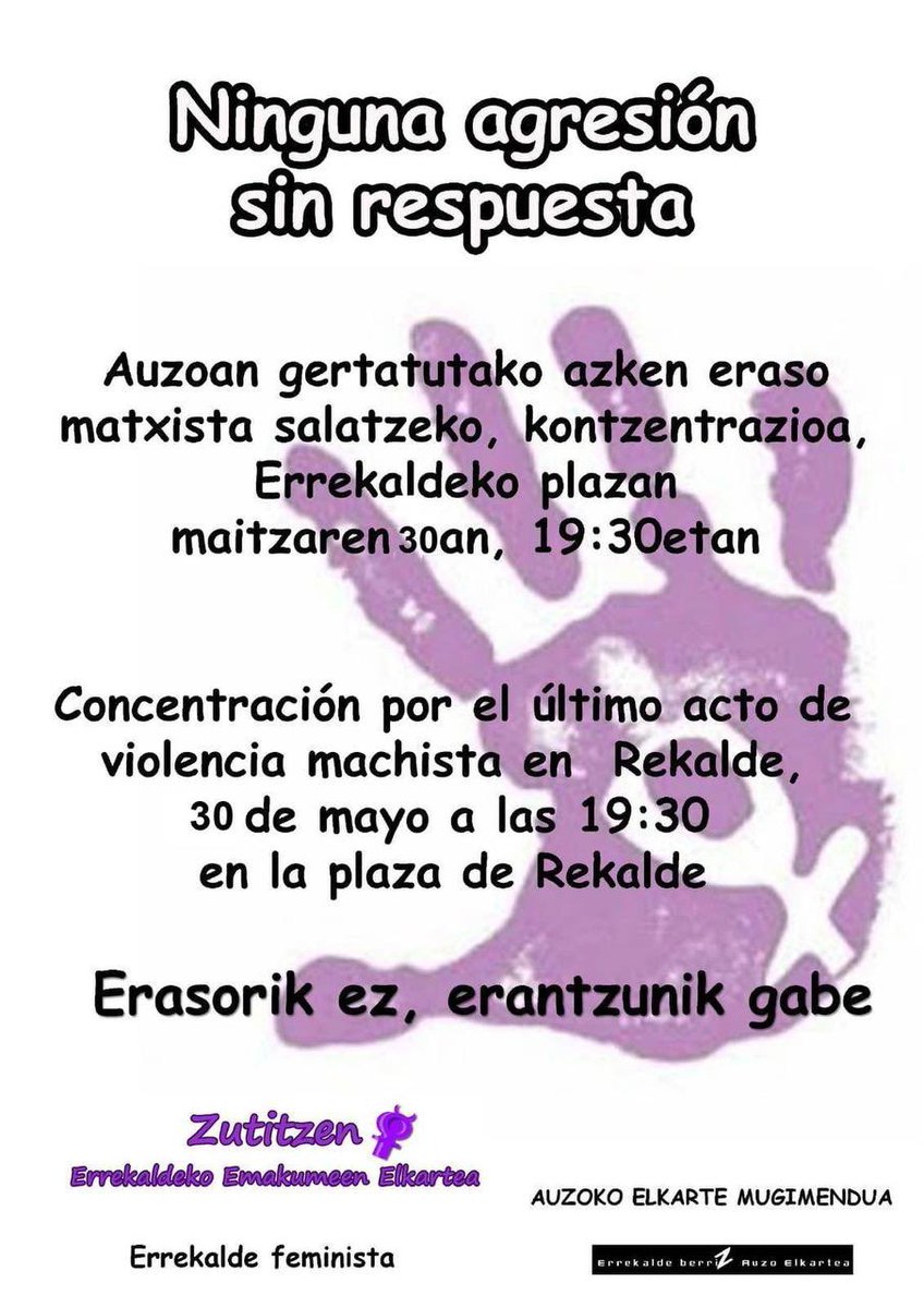 Indarkeria bikario kasua Euskal Herrian: erailketa matxista hau salatzeko Mugimendu Feministaren deialdiekin bat egiten dugu.

Llamamos a participar en las movilizaciones del Movimiento Feminista para denunciar el asesinato de violencia vicaria de Bilbo.

🟣✊ Erasorik ez