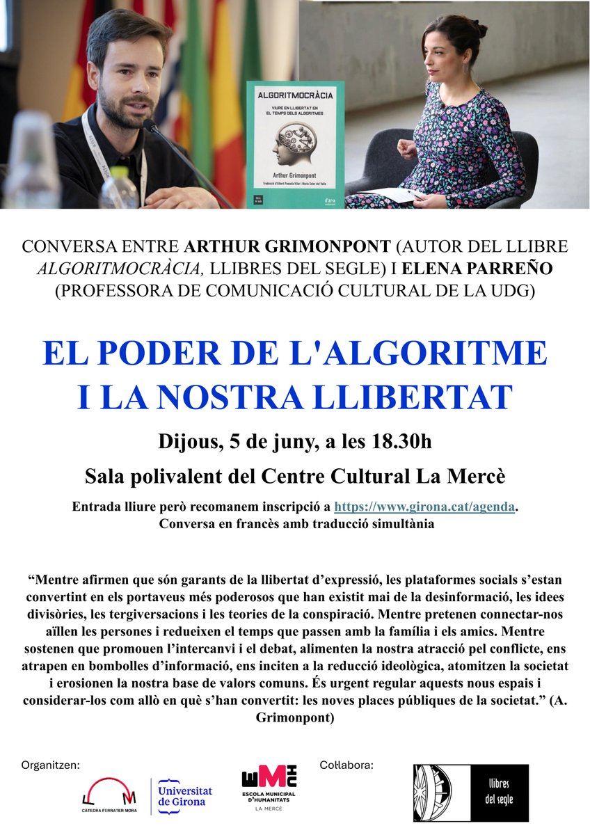 CàtedraFerraterMora (@udgferraterm) on Twitter photo Creus que les plataformes socials s’estan convertint en els portaveus més poderosos que han existit mai de la desinformació, les idees divisòries, les tergiversacions i les teories de la conspiració? En podreu debatre el dijous vinent a <a href="/LaMerceGirona/">La Mercè Girona</a>! Creus que les plataformes socials s’estan convertint en els portaveus més poderosos que han existit mai de la desinformació, les idees divisòries, les tergiversacions i les teories de la conspiració? En podreu debatre el dijous vinent a <a href="/LaMerceGirona/">La Mercè Girona</a>!
