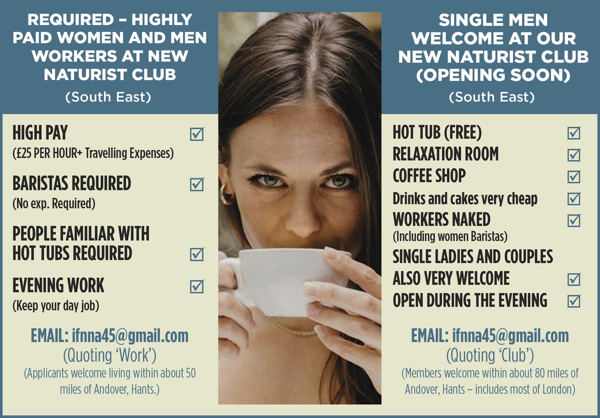 H&E naturist (@henaturist) on Twitter photo ☕️ A new naturist club is opening soon in the Andover area – and they’re hiring! High-paying evening roles available for both women and men, including baristas (no experience needed) and those familiar with hot tubs. Email ifnna45@gmail.com quoting "Work" to apply. ☕️ A new naturist club is opening soon in the Andover area – and they’re hiring! High-paying evening roles available for both women and men, including baristas (no experience needed) and those familiar with hot tubs. Email ifnna45@gmail.com quoting "Work" to apply.