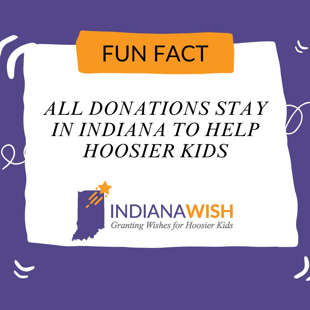 indianawish's tweet image. All Donations Stay in Indiana! Every dollar raised supports Indiana children. Your generosity gives kids and their families unforgettable experiences🌟 Donate today and be part of something truly special. ow.ly/evxL50V5O8l #KeepItLocal #GrantAWish #FunFactFriday