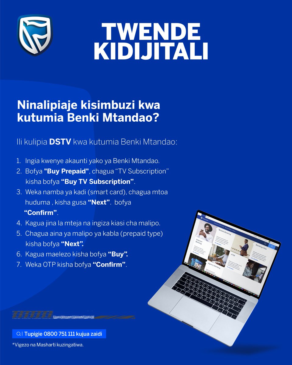 Lipia kisimbuzi chako kwa njia rahisi na salama!Kila malipo ya kidijitali ni nafasi ya kuibuka mshindi wa hadi Tsh 100,000 kila mwezi.

#TwendeKidijitali
