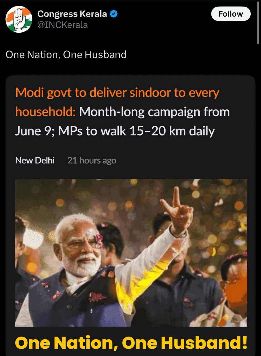 ഒരിക്കൽ പോലും പ്രധാനമന്ത്രിയുടെ ഒരു ഫോട്ടോ പോലും ഷെയർ ചെയ്യാത്ത, #OperationSindoor നെ കുറിച്ച് ഒരു നല്ല വാക്ക് പോലും പറയാത്ത <a href="/INCKerala/">Congress Kerala</a> ക്ക് ഈ ഫേക്ക് ന്യൂസ്‌ എവിടെ നിന്നും കിട്ടി. ഭാരതസ്ത്രീകളെയും സൈന്യത്തെയും പ്രധാനമന്ത്രിയെയും അവഹേളിക്കുന്ന ഇവർക്കെതിരെ നടപടി സ്വീകരിക്കണം