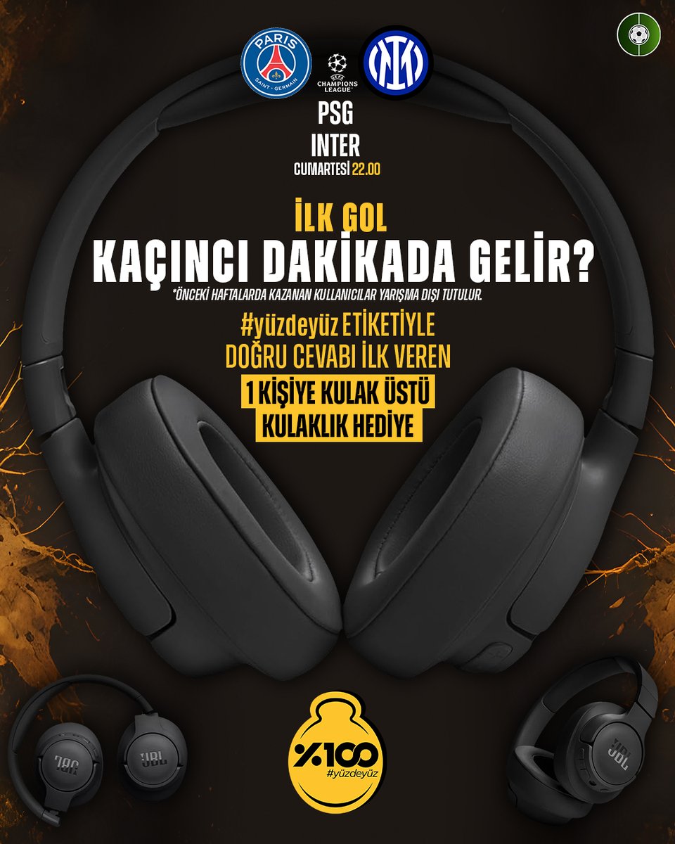🏆 PSG - Inter finalinde ilk gol kaçıncı dakikada gelir?

✅ #yüzdeyüz etiketiyle doğru cevabı ilk veren kişiye kulaklık hediye ediyoruz.

📌 Önceki haftalarda kazanan kullanıcılar çekiliş dışı tutulur.

⏳ Son Katılım: 31 Mayıs Cumartesi 22.00

#işbirliği